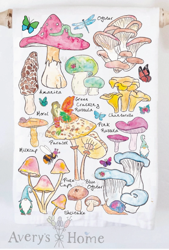 Avery's Home Tea Towel Mushrooms & Gnomes